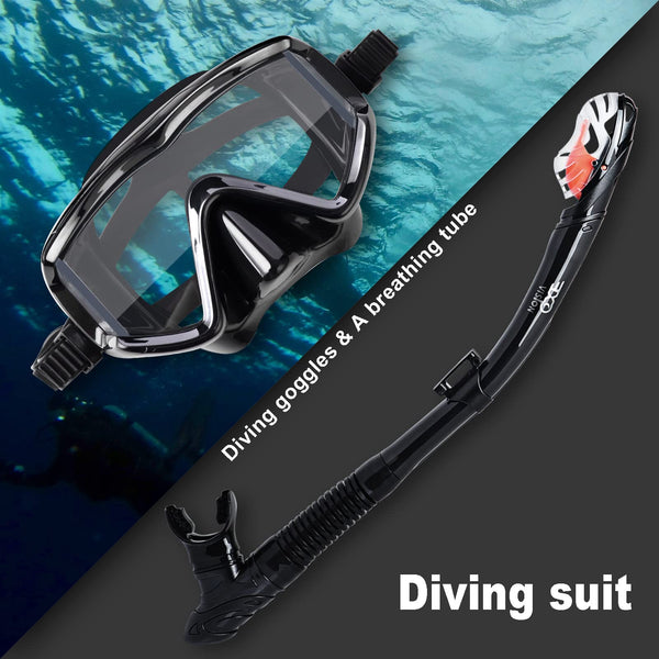 Dry Snorkel Set, Pano 3 Window Snorkel Mask, Anti-Fog Scuba Diving Goggles and Snorkel, Professional Adult Snorkeling Swim Mask Gear (Black Set)