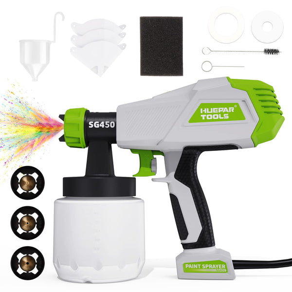 Fence Paint Sprayer 800W, Huepar Tools Electric HVLP Paint Spray Gun, 4 Nozzles, 9.84ft Hose, 3 Patterns, Adjustable Spray, 1300ML Detachable Container, Electric Spray Gun for Indoor & Outdoor