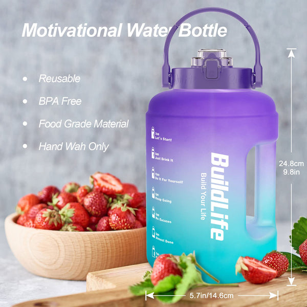 BuildLife Water Bottles with Straw & Flip Cap 2 in 1 Lid - Large Water Bottle with Time Markings BPA Free Leak Proof Wide Mouth Drinks Bottle,2.5 Litre Durable Sports Water Bottle (Black)