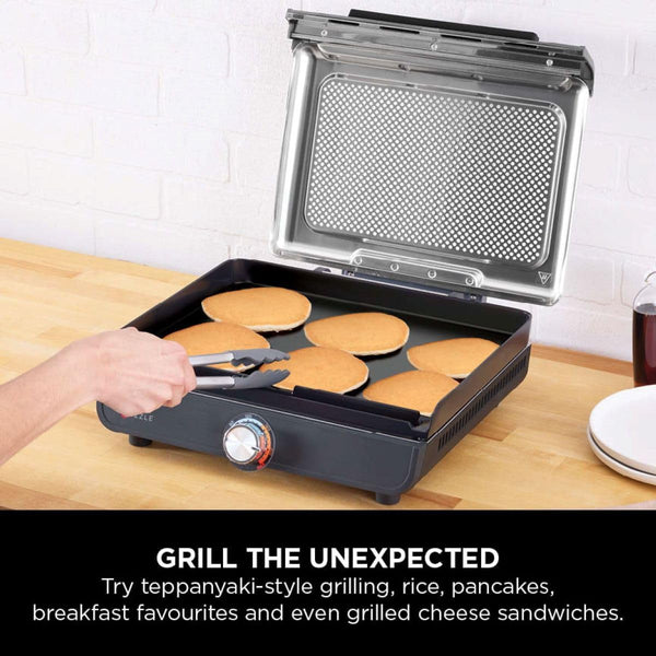 Ninja Sizzle Low Smoke Electric Indoor Grill & Flat Plate, 1460W, with Non-Stick Grill Plate & Flat Top Plate, Detachable Dishwasher Safe Lid, Grease Catch & Recipe Guide, Grey GR101UK