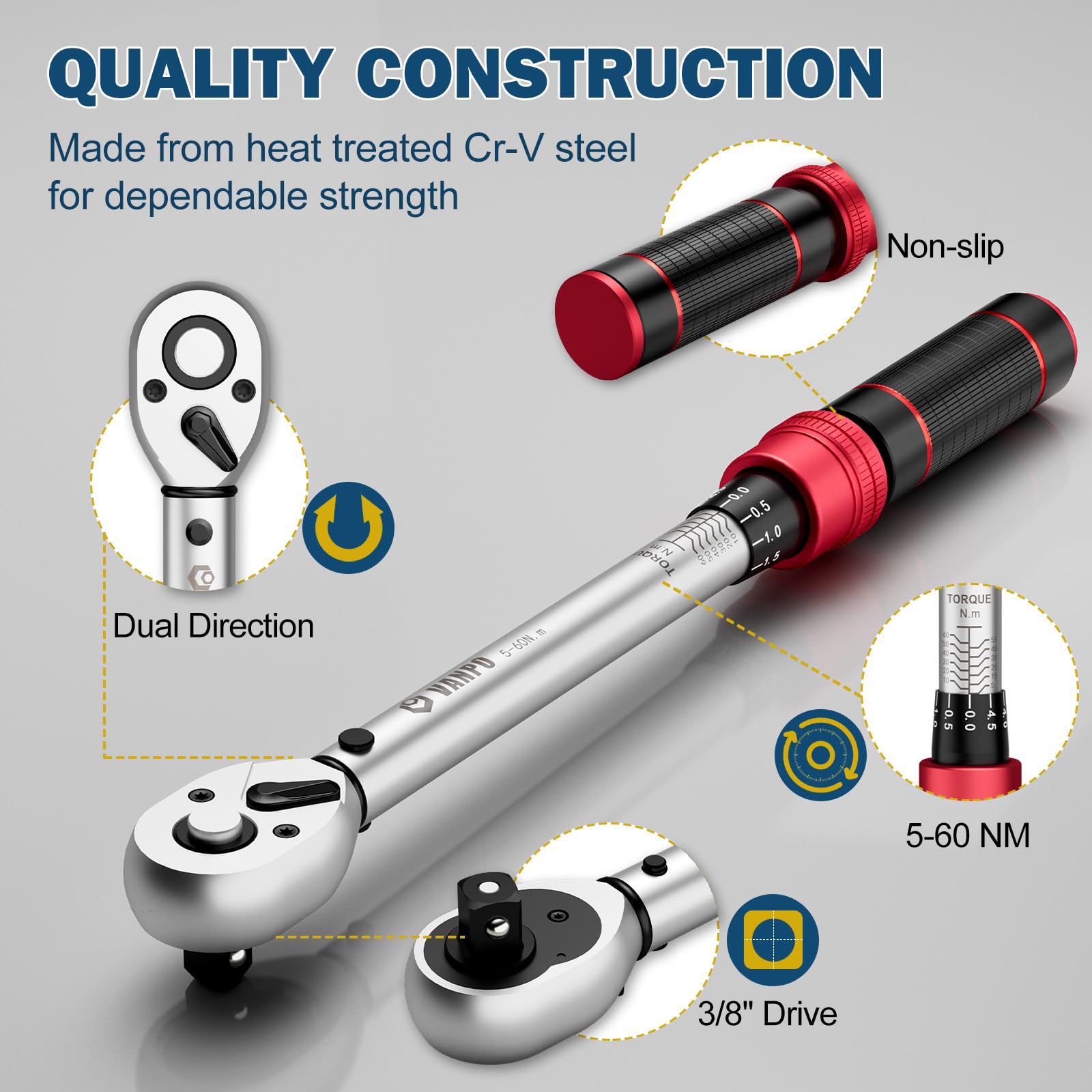 VANPO Torque Wrench 3/8” Drive, 5-60 NM, ±3% Accuracy, 72 Tooth Click Torque Wrench Set with 3/8 to 1/4 Adapter, 125 mm Extension Bar for Bike and Motorcycle, Car Spark