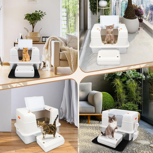 Vivifying Enclosed Stainless Steel Cat Litter Box with Lid, High-Sided, Removable and Metal Leak-Proof Stainless Steel Cat Litter Tray with Scoop, Steps and Mat (Black)