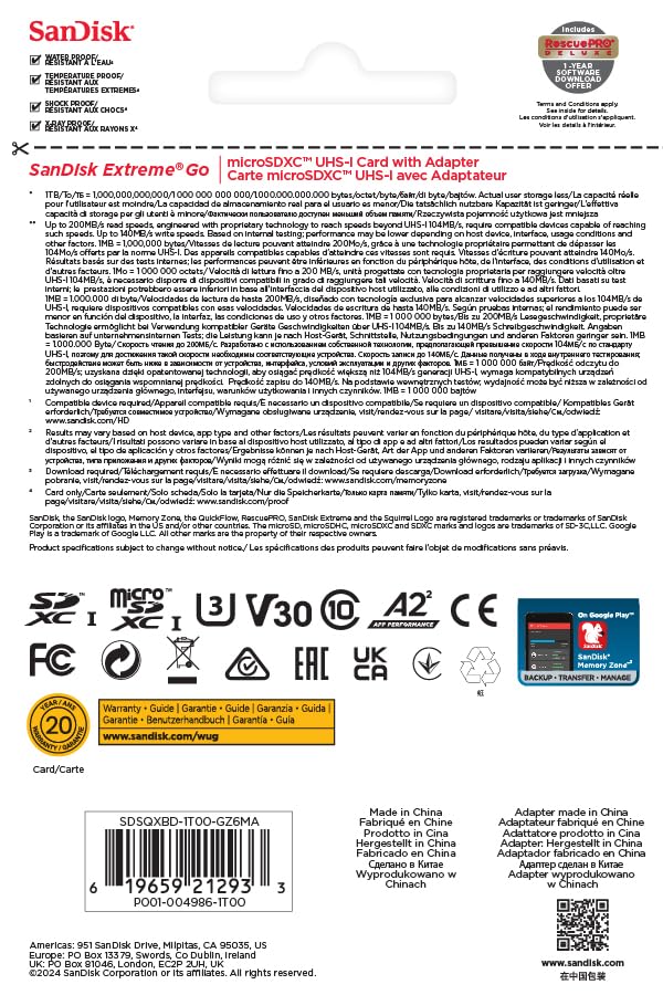 SanDisk 128GB Extreme microSDXC card +SD adapter, microSD card for smartphones, action cameras, drones, V30, up to 190 MB/s, SanDisk QuickFlow Technology, RescuePro Deluxe, UHS-I, 4k, V30, A2, U3