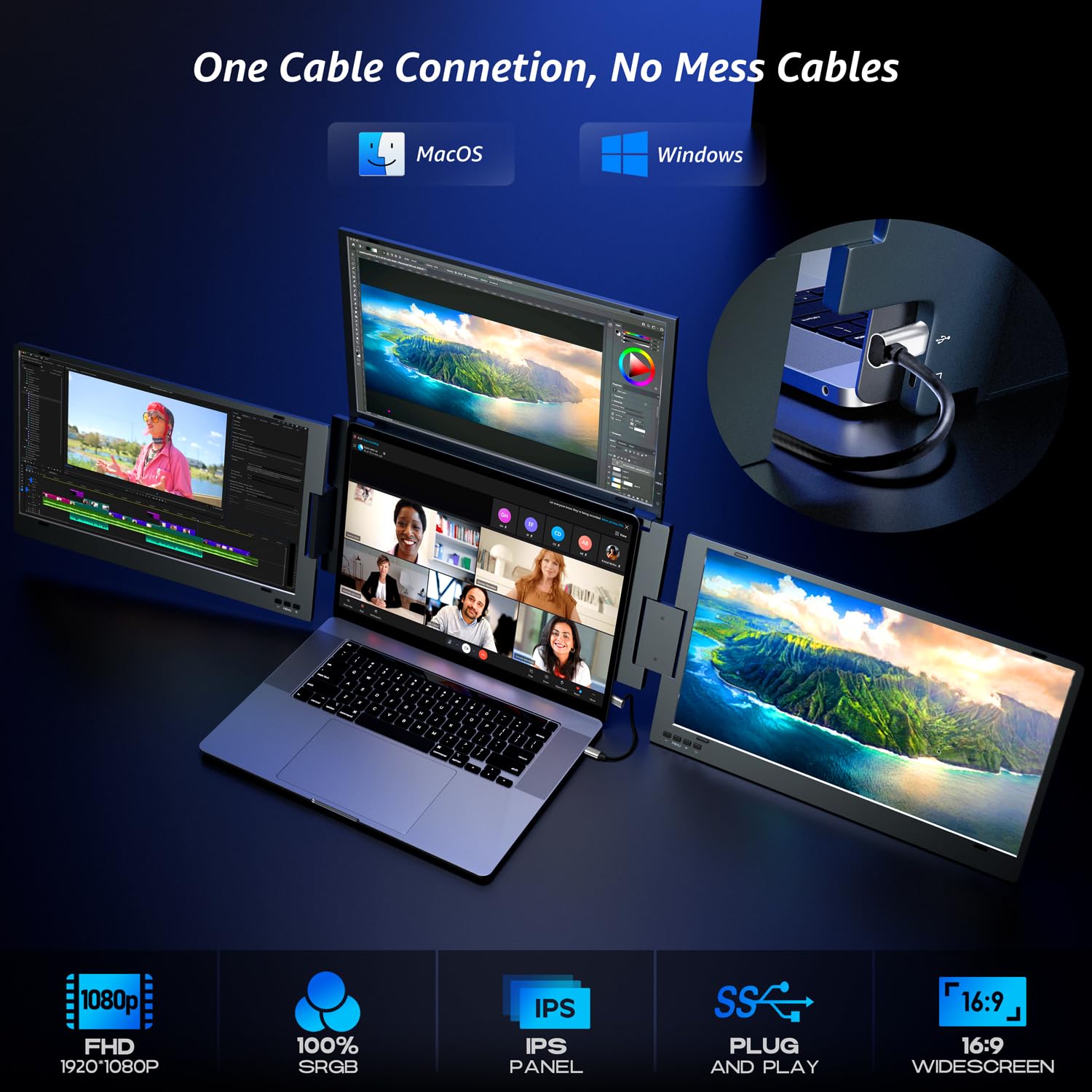 14" Triple Laptop Screen Extender, FHD IPS Multi Screen Extender with USB-C/USB-A, One Cable Connection Laptop Monitor Extender Compatible with Mac Windows Fits 11.6-15.6 Inch Laptops