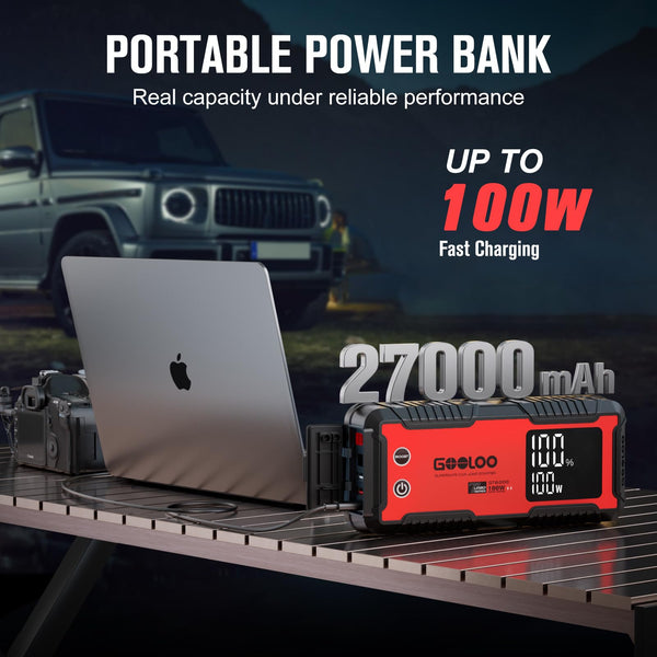 GOOLOO Portable Lithium Jump Starter GE3000 3000A Peak Car Starter for Up to 8.5L Gas or 6L Diesel Engine 12V Car Battery Booster Pack with LCD Screen, Power Bank + LED Flashlight, Type-C Port