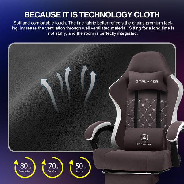 GTPLAYER Fabric Gaming Chair with Footrest, Ergonomic Computer Desk Chair with Pocket Spring Cushion Home Office High Back Support Lumbar Support Heavy Duty Wide