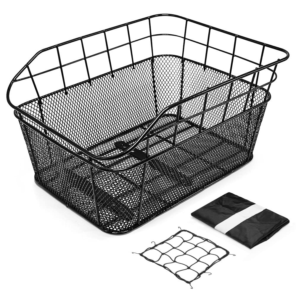 ANZOME Bike Basket Rear,Waterproof Metal Wire Bicycle Rear Basket with Adjustable Cargo Net and Rainproof Cover Fits to Most Rear Bike Rack