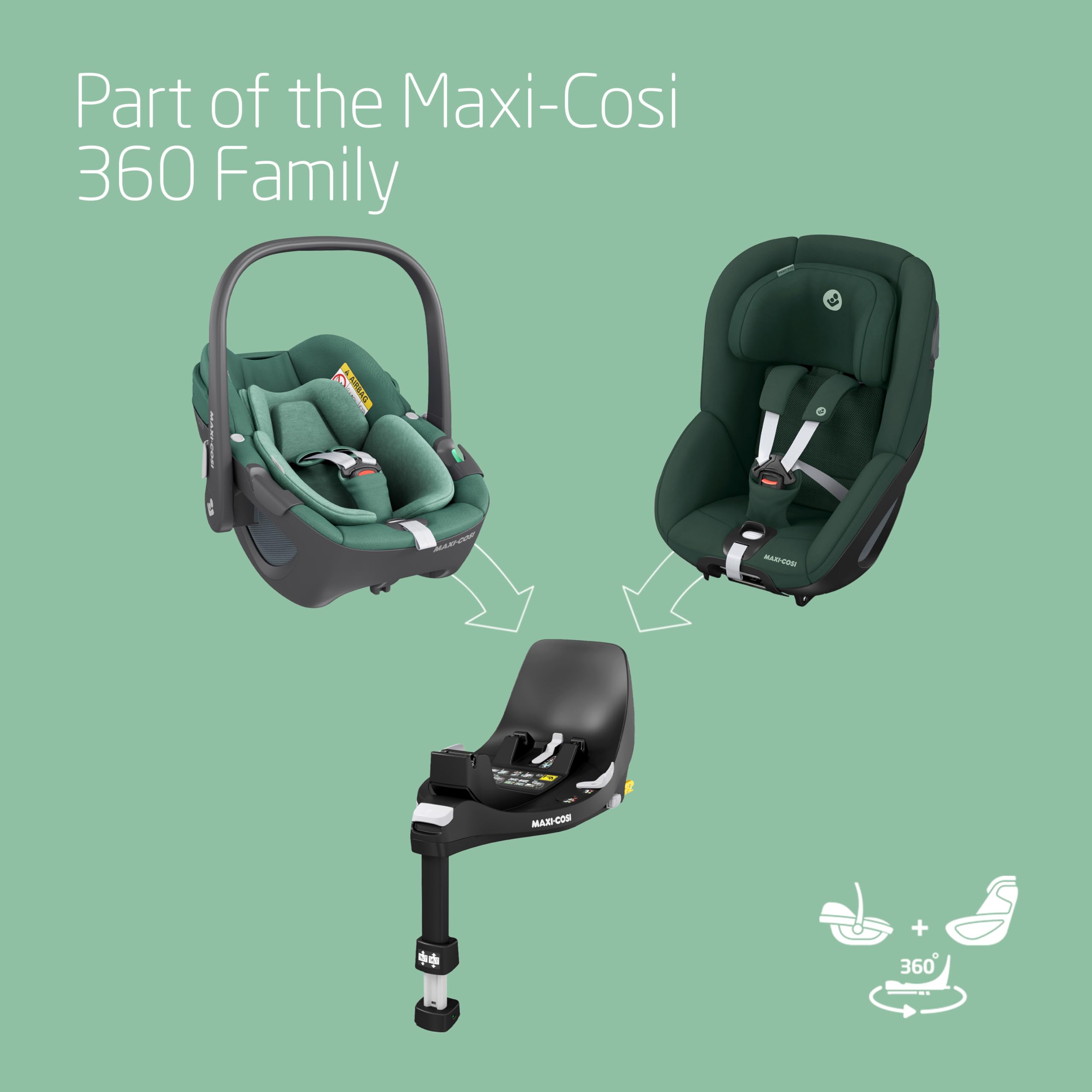 Maxi-Cosi FamilyFix 360 i-Size Base, Rotating Car Seat System, 360 Swivel ISOFIX Base, 0-4 Years (40-105 cm), One-Hand FlexiSpin Rotation, TravelSafe Rotation Control, Click & Go, Black
