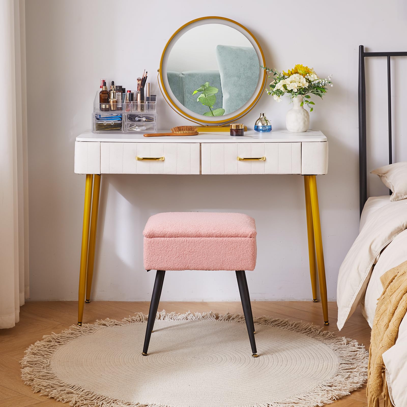 Aibiju Dressing Table Chair with Storage, Faux Teddy Fur Rectangular Bedroom Ottoman Stool with Metal Legs, Makeup Vanity Stool Side Table for Makeup