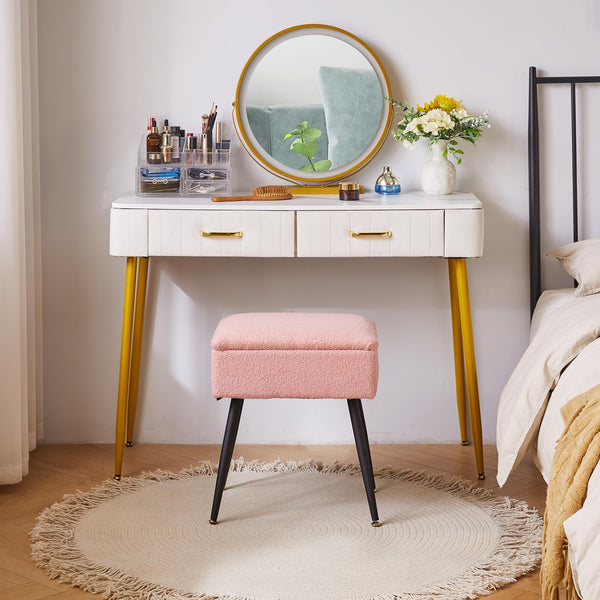 Aibiju Dressing Table Chair with Storage, Faux Teddy Fur Rectangular Bedroom Ottoman Stool with Metal Legs, Makeup Vanity Stool Side Table for Makeup