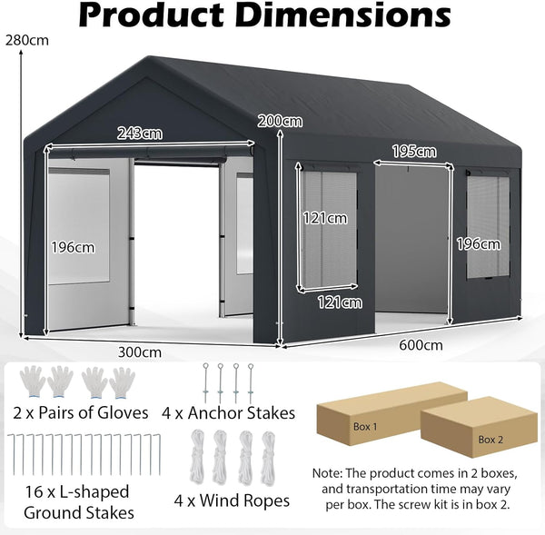 COSTWAY 3mx6m Carport, Heavy Duty Galvanized Car Canopy with 8 Removable Sidewalls & Adjustable Tarp, UV Resistant Waterproof Garage Boat Shelter Party Tent for Outdoor Garden