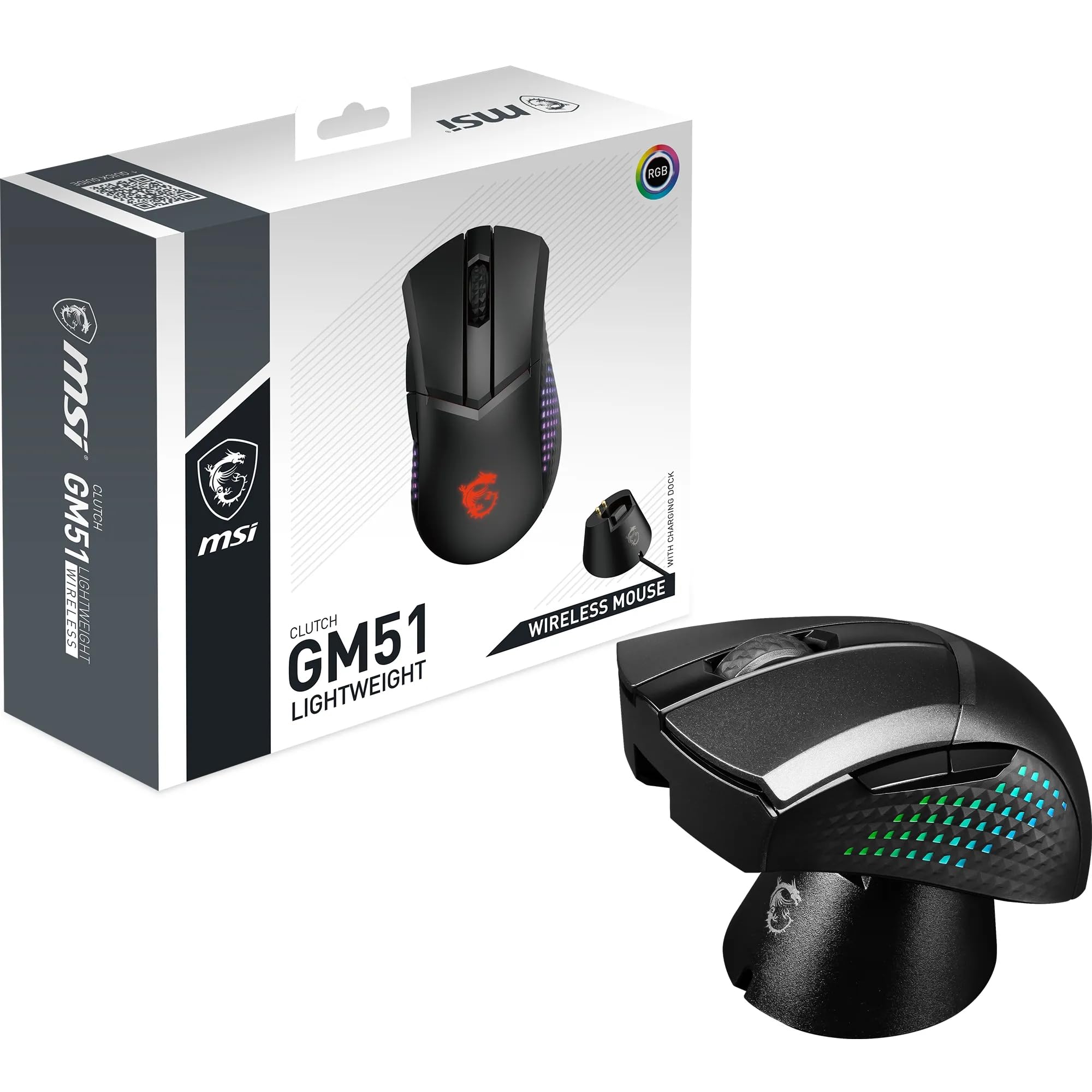 MSI CLUTCH GM51 LIGHTWEIGHT Gaming Mouse - 26000 DPI Optical Sensor, Elite 0.125ms Latency, 60M+ Click OMRON Switches, 6-Buttons, FriXionFree Cable, RGB Diamond LightGrips, 75g - Wired