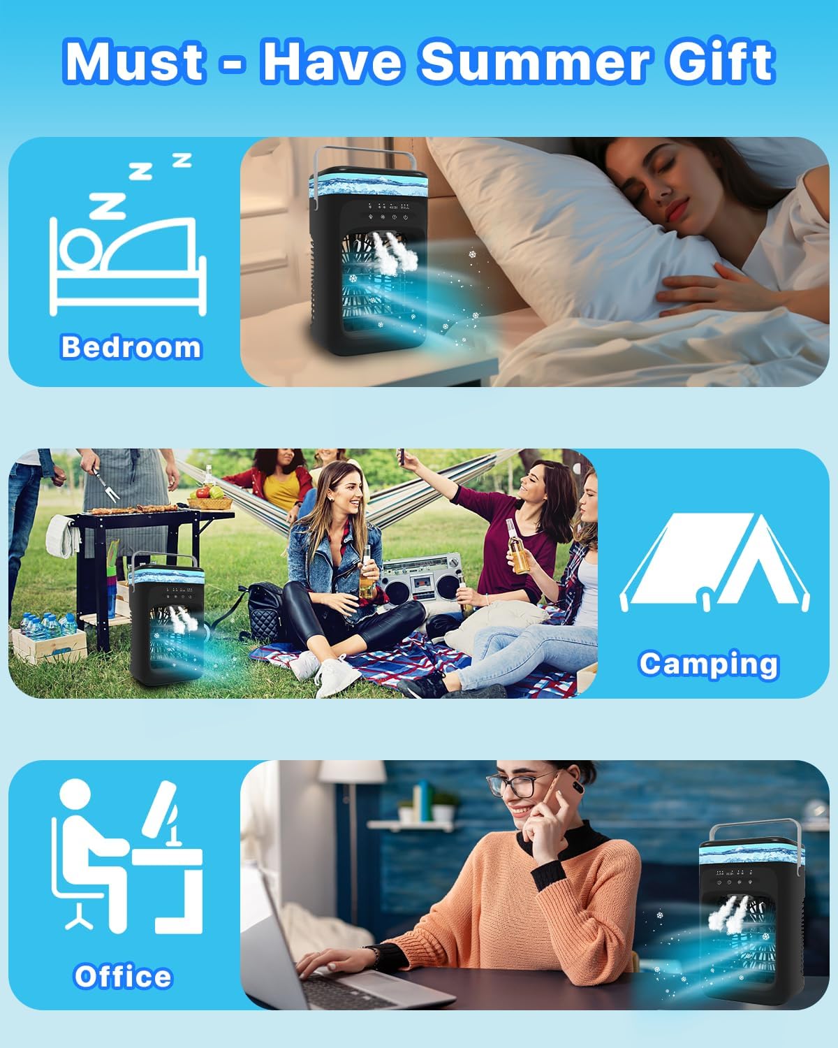 Omeyo Portable Air Cooler, Mini Mobile Air Conditioner, RGB 7 LED Light, Timed function Modes Room Cooler, Air Coolers for Home, Office, Bedroom,Black