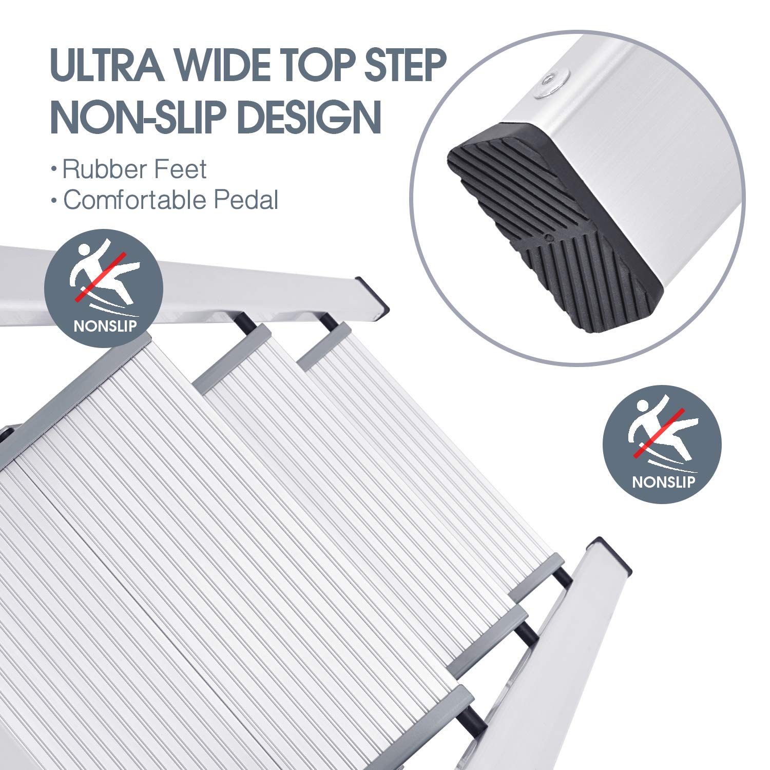 KINGRACK 2 Step Ladder with Handrail, Non-Slip Household Ladder with Folding Safety, Aluminium Folding Step Stool, Maximum Load 150 kg, Black