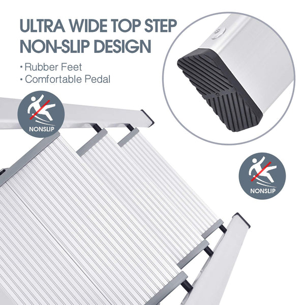 KINGRACK 2 Step Ladder with Handrail, Non-Slip Household Ladder with Folding Safety, Aluminium Folding Step Stool, Maximum Load 150 kg, Black