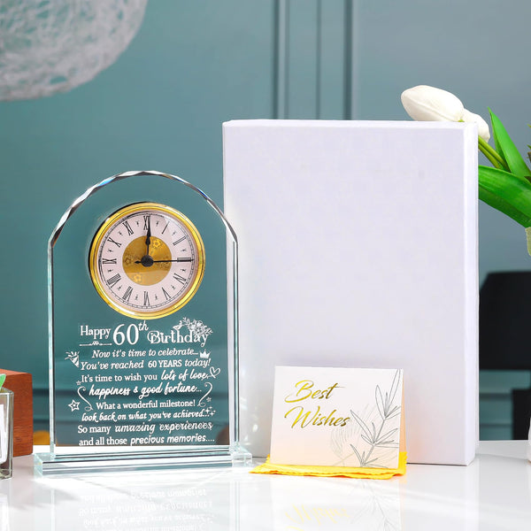 Happy 60th Birthday Quartz Clock Gifts for Women Men, Glass Keepsake Happy 60th Birthday Presents for Her Turning 60 Years Old Ornament
