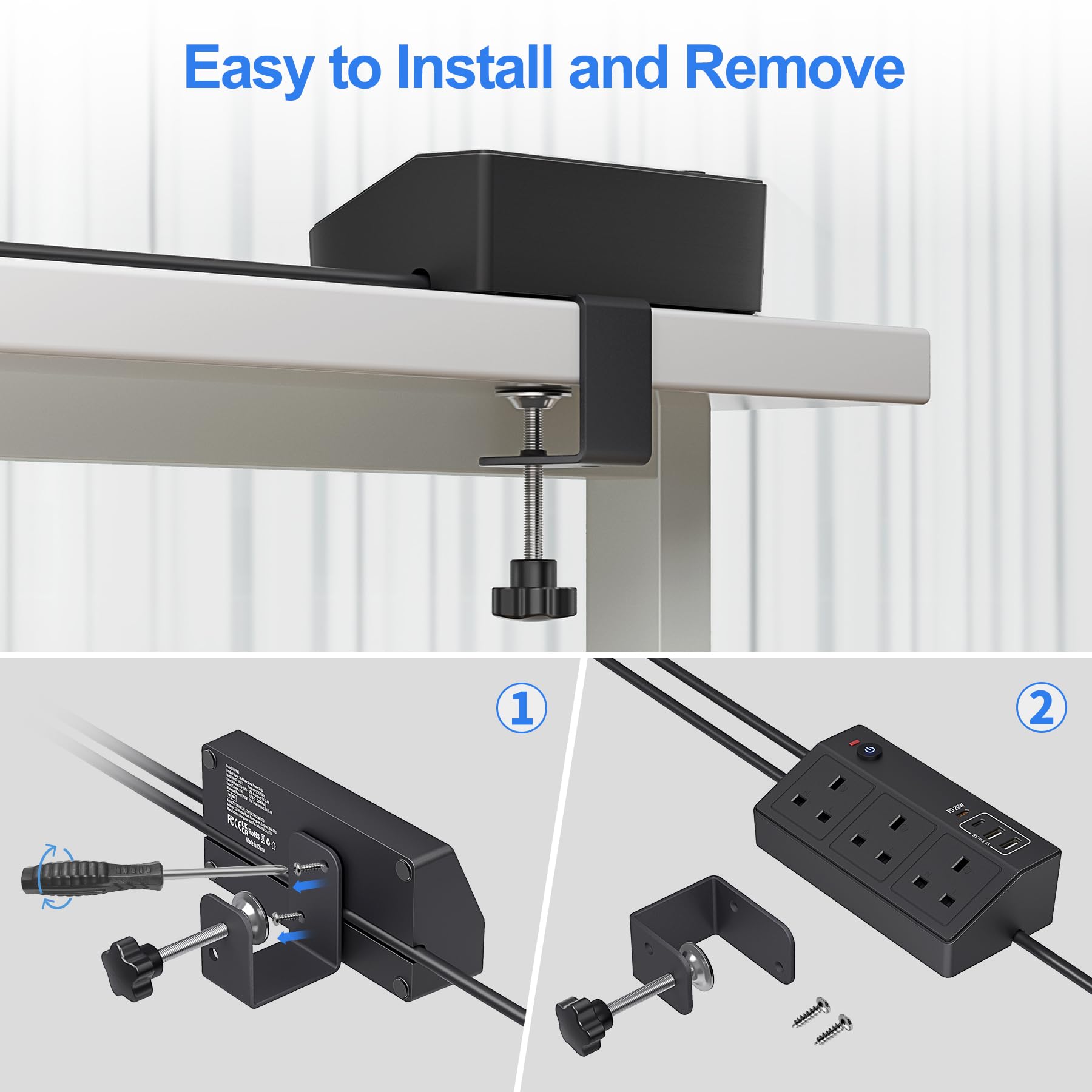 Desk Power Socket with USB C Slots, HAFINO PD 20W Fast Charging Power Station, 2M Extension Lead with USB Slots with Removable Clamp, Desktop Power Strip for Home Office