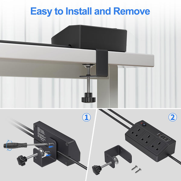 Desk Power Socket with USB C Slots, HAFINO PD 20W Fast Charging Power Station, 2M Extension Lead with USB Slots with Removable Clamp, Desktop Power Strip for Home Office