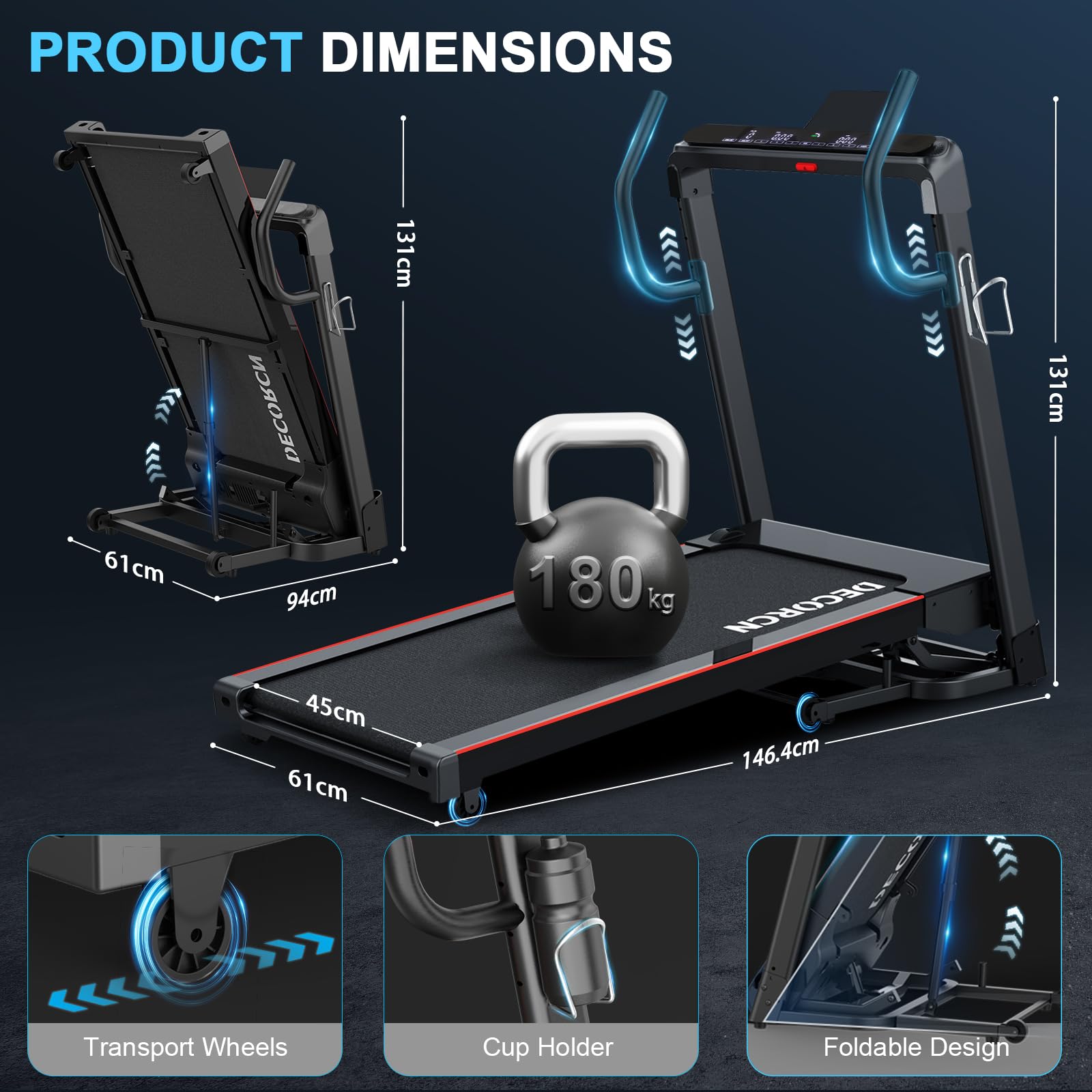 Decorcn Folding Treadmill for Home, 4.5HP, 20 Auto Incline, 1km/h-16km/h, 150KG limited, Running Machine for Heavy People with LED, Bluetooth Speakers, Silent Walking Pad