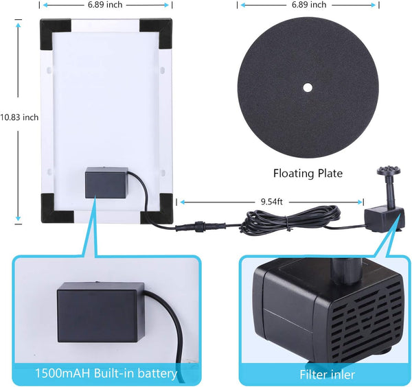 AISITIN 5.5W Solar Fountain Pump, Solar Water Pump Floating Fountain Built-in Battery, with 6 Nozzles, for Bird Bath, Fish Tank, Pond or Garden Decoration