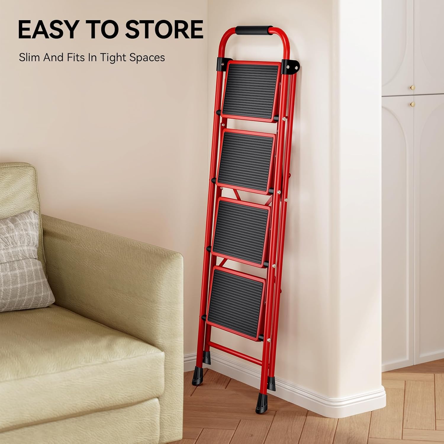KINGRACK Folding 3-Step Ladder with Non-Slip Pedals, Sturdy Steel, Lightweight & Portable, Red