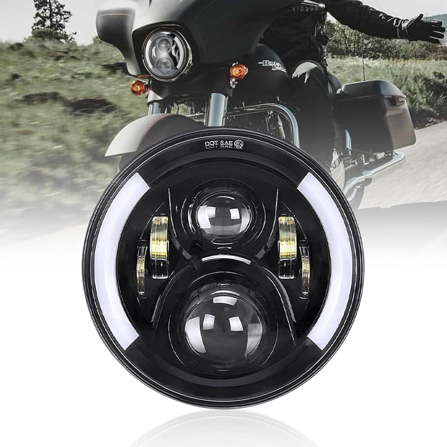 TANZEDMI 7 Inch LED Motorcycle Headlight with Amber Halo Turn Signal White DRL High/Low Beam Angle Eyes Compatible with Motorcycles Electra Glide Street Glide Fat Boy Road King Headlamp