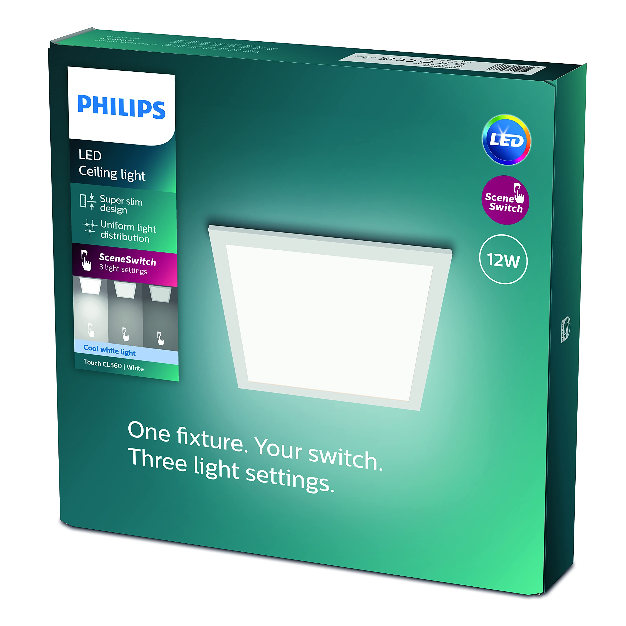 Philips LED Panel Square Ceiling Light SceneSwitch Dimmable 4000K 12W [Cool White - White]. for Indoor Lighting, Livingroom and Bedroom
