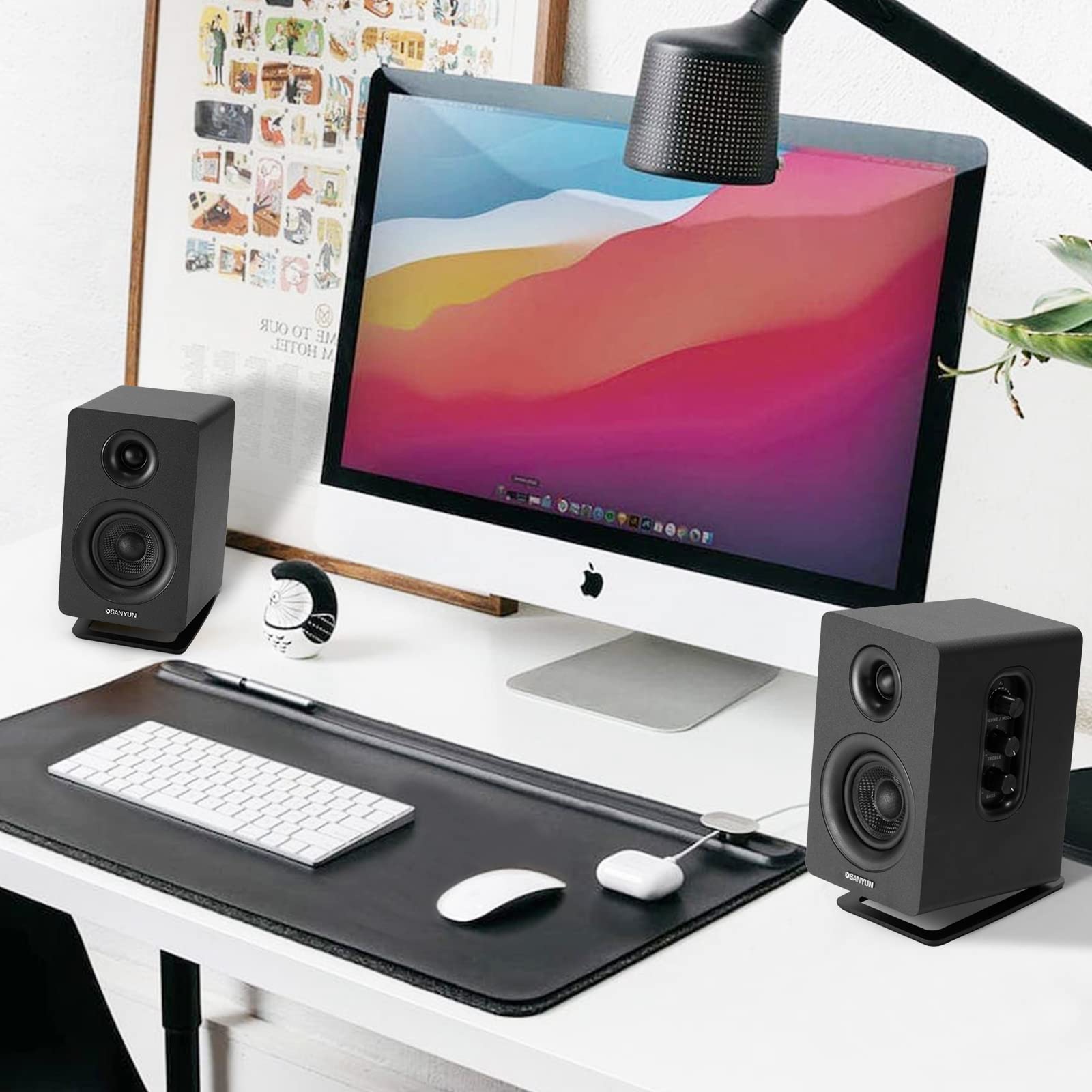 Sanyun SW208 3" Active Bluetooth 5.0 Bookshelf Speakers - 60W Carbon Fiber Speaker Unit - Built-in 24bit DAC - Dynamic 3D Surround Sound - 2.0 Computer PC Monitor Gaming Speakers (Pair, Black)