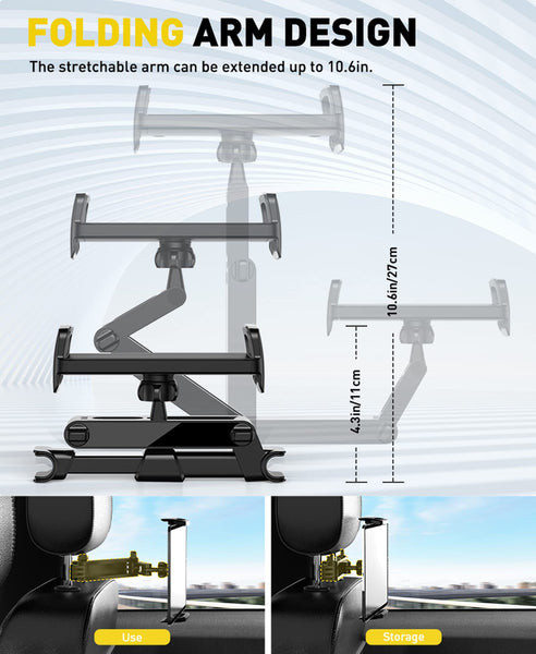 TRYONE Car Headrest Tablet Holder Mount Stretchable Backseat Tablets Stand for Kids, Car Seat Mounts Compatible with iPad Pro 12.9 Air Mini, iPhone, Galaxy Tab, Switch, All 4.7-12.9" Screen Devices