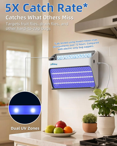 ZeroBug 2025 Upgraded Electric Fly Zapper & Trap, 5X Catcher Rate Fly Killer, USB-C Powered Indoor Bug Zapper with Long-Life UV LED, Mosquito Killer for UK Home, Kitchen, Office, 1 Device & 3 Traps