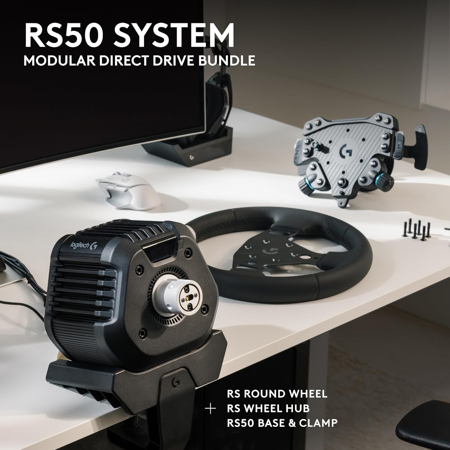 Logitech G RS50 System with RS Pedals: 4 PCS Sim Racing Setup - RS50 Wheel base 8 Nm Direct Drive, RS Wheel Hub, RS Round Wheel - 11-inch steering wheel & RS Pedals - For PS5/PS4/PC