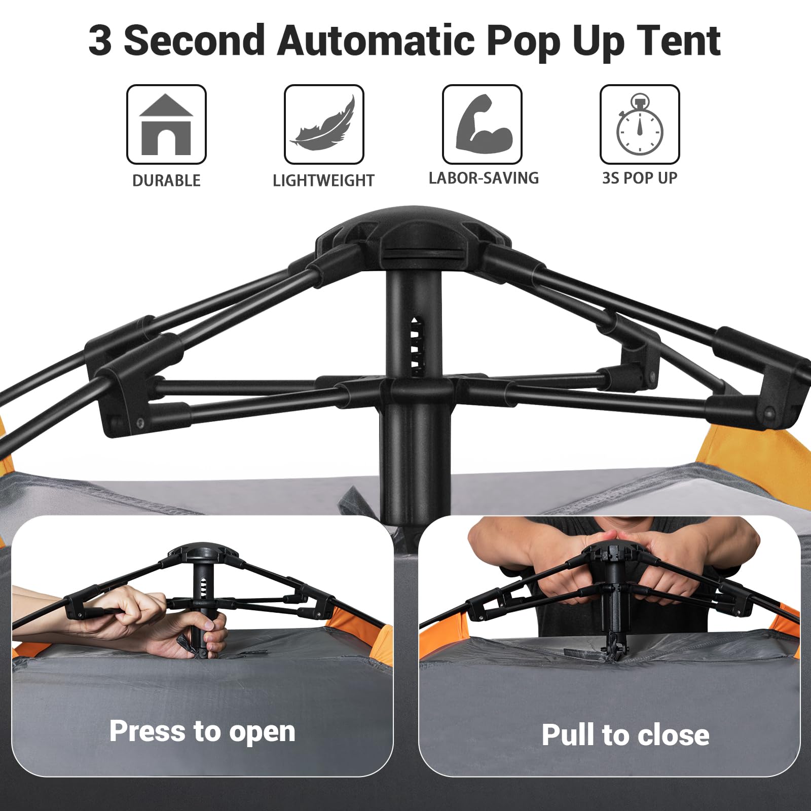 Cflity Camping Tent, 3 Man Pop Up Tent Automatic Instant Three Layer Waterproof 4 Season Large Dome Tent & Shelters with Extended Floor Mat Porch 2 Hall Poles Removable Rainfly