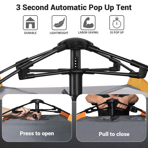 Cflity Camping Tent, 3 Man Pop Up Tent Automatic Instant Three Layer Waterproof 4 Season Large Dome Tent & Shelters with Extended Floor Mat Porch 2 Hall Poles Removable Rainfly