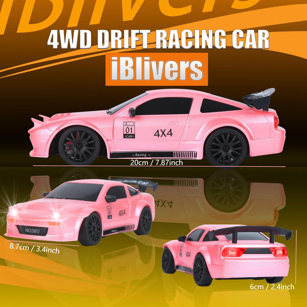 iBlivers Mini RC Drift Car with Full Proportional Throttle, 1:24 Remote Control Car 4WD Drift GT-RX7 RC Cars Vehicle High-Speed Racing RC Drifting Car Gifts Toy for Boys Kids (Pink)