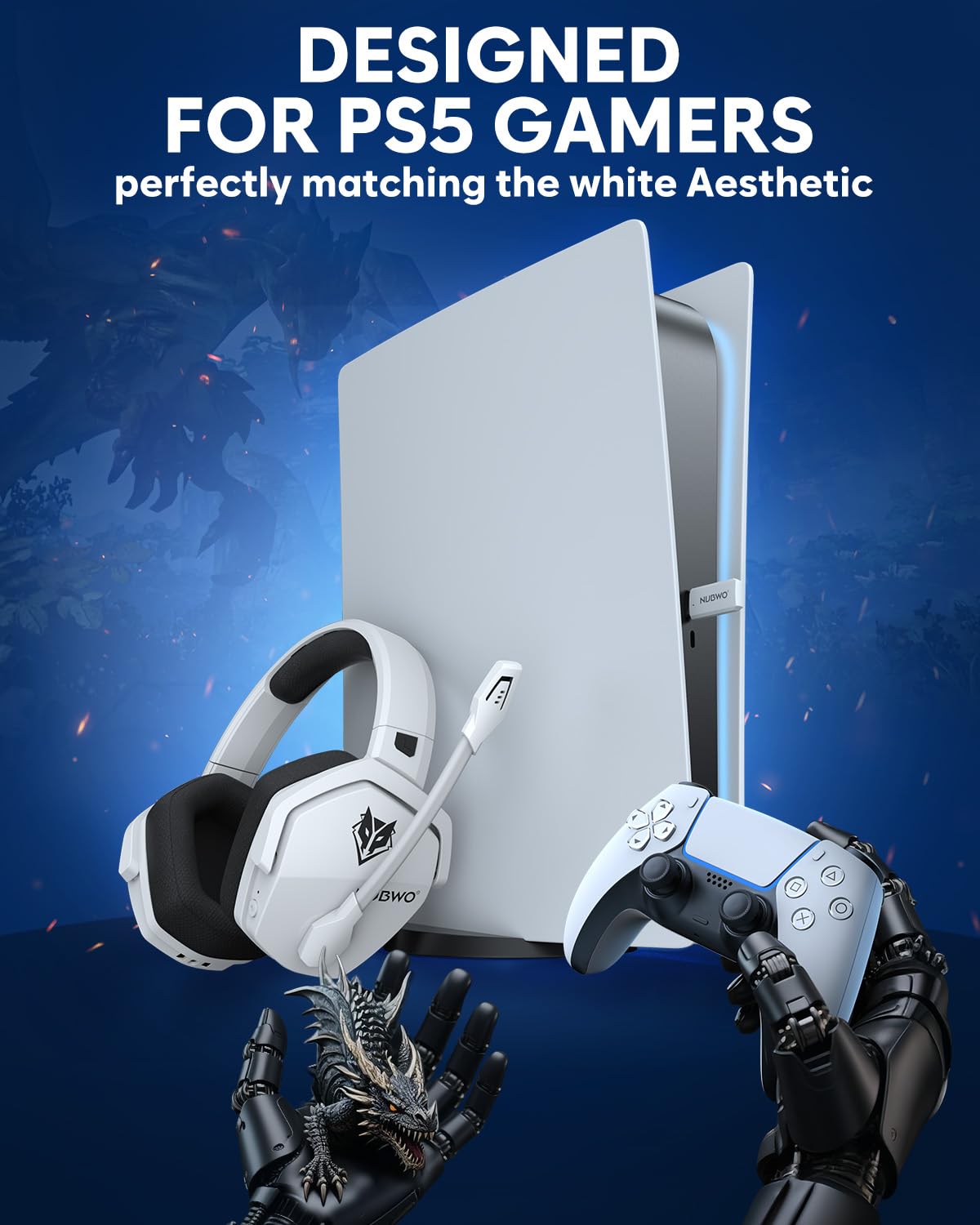 NUBWO G06 Pro Wireless Gaming Headset with Charging Station for Headset & PS5 Controller, 17ms Low Latency, 120H Battery Life, Dynamic 50mm Drivers-White (Only Compatible with PS5)