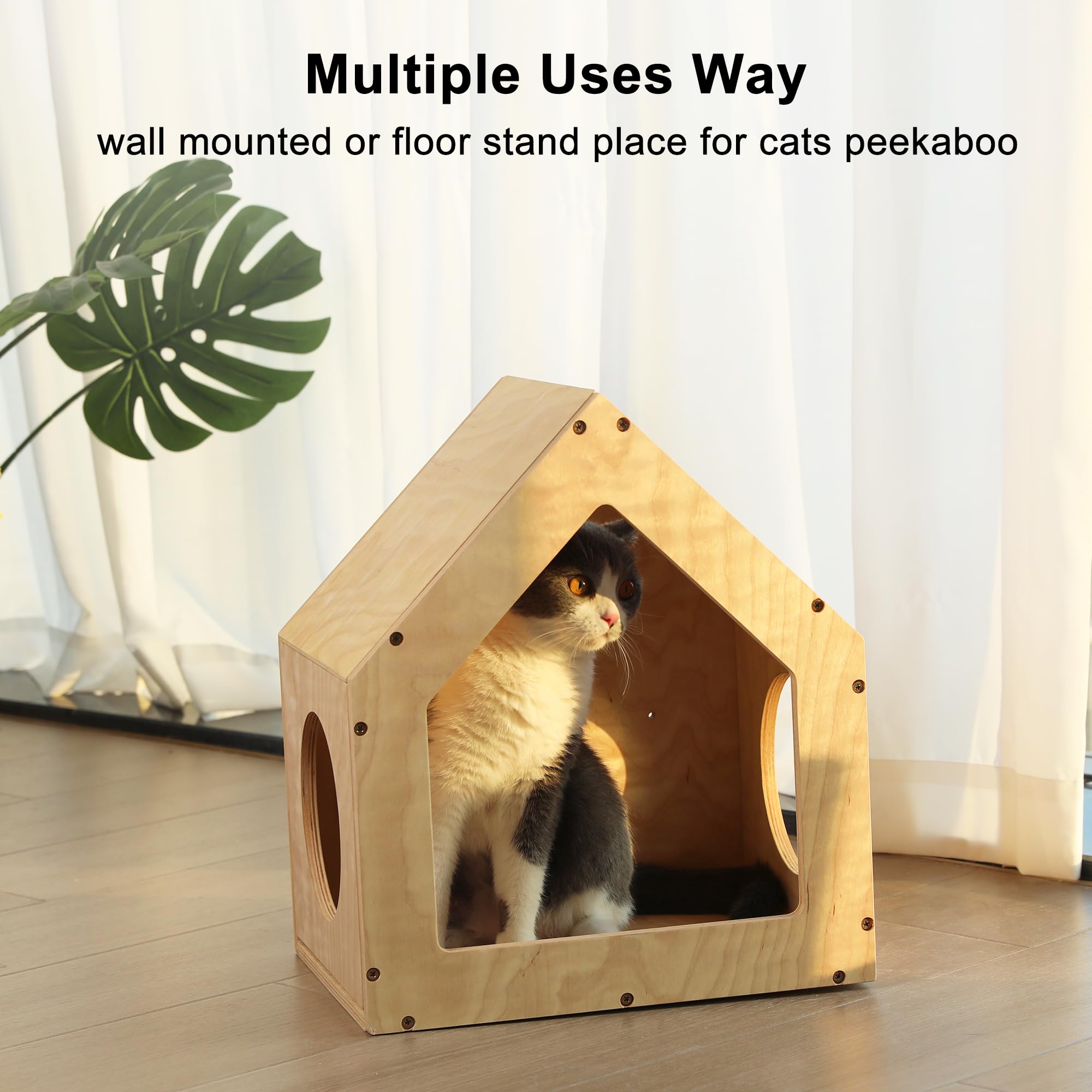 FUKUMARU Cat House Wall Mounted, 15.5x11.8x18 Inches Birch Plywood Condo, Multi-Use Kitten Furniture, Stylish Design, DIY Cats Wall Jungle