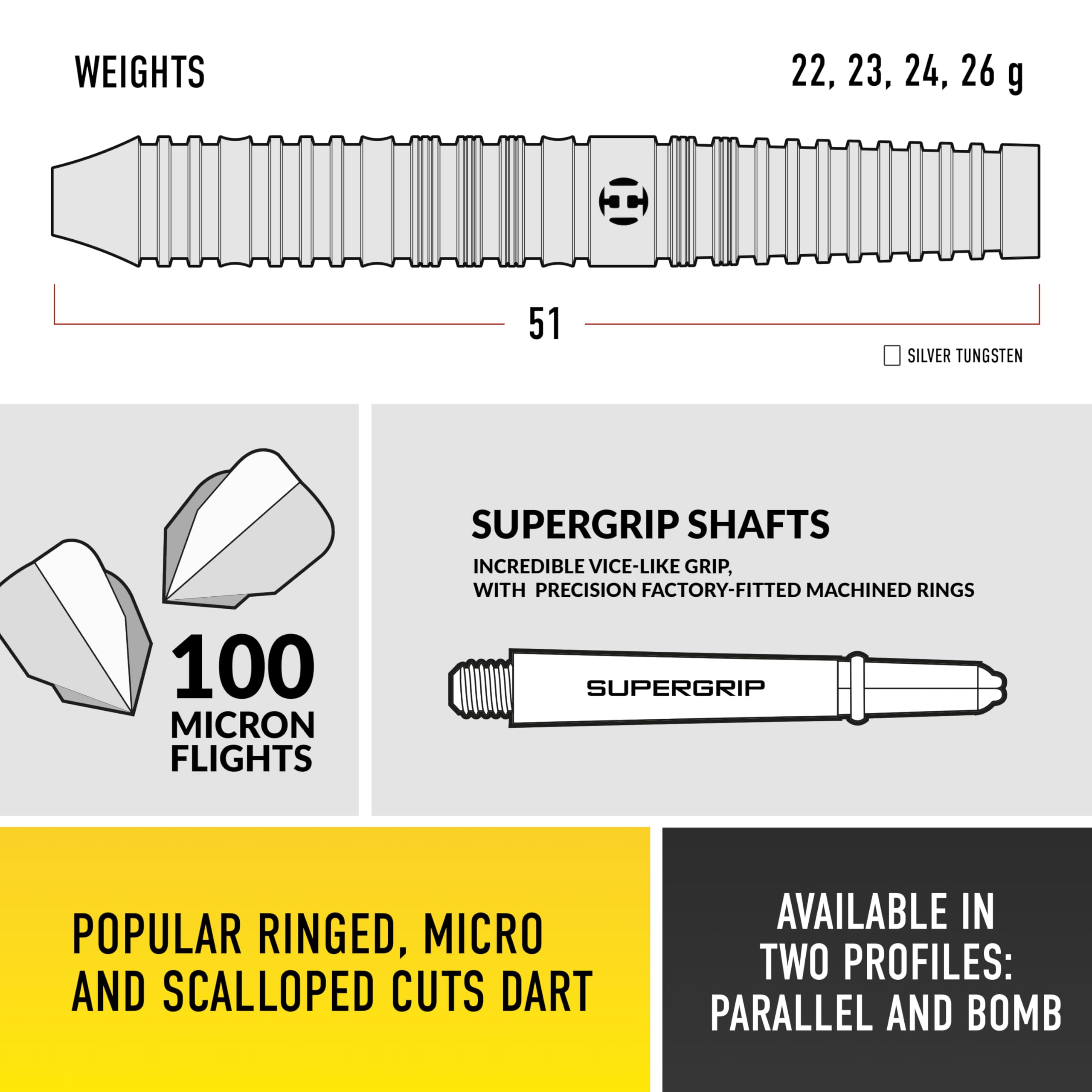 Harrows NX90 Bomb & Parallel Shape Darts Set I Professional Darts 90% Tungsten Steel Tip ALL Weights Pro Darts I 10pc Set with Black Supergrip Midi