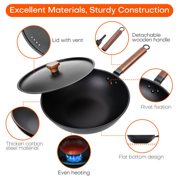 Jobin 33cm/5.6L Non Stick Wok with Lid of Iron Carbon Steel Frying Pan No Chemical Coated and Large Capacity for Cook Asian Dishes for 4-6 People,