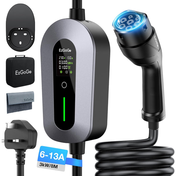 EV Charger Cable Type 2 to 3 Pin Plug 20Ft/6.1M Electric Car Charger 3kW, [6/8/10/13A] Type 2 Charging Cable 3 Pin EV Charger IP65 Advanced Protection Suitable for EVs & PHEVs