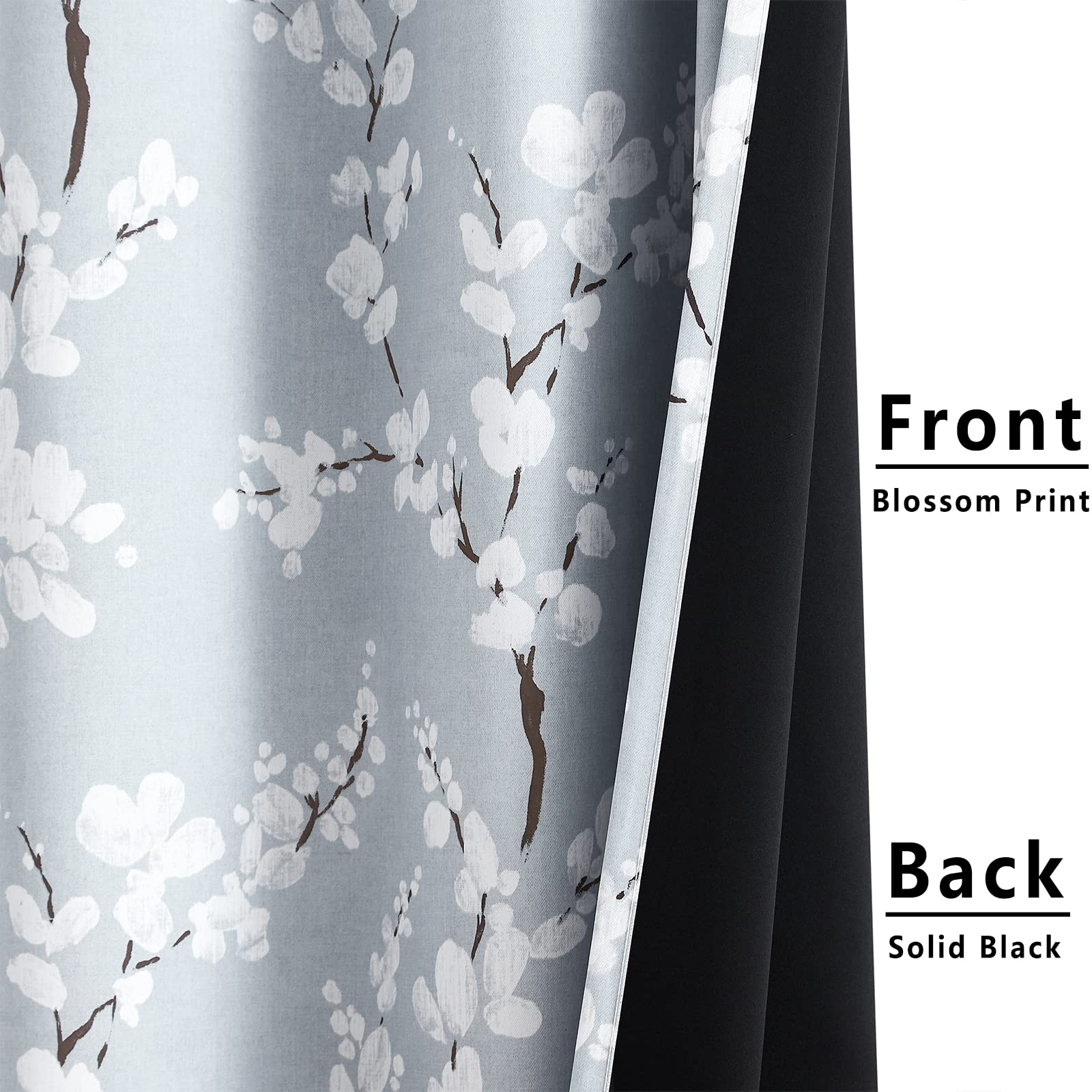 Fmfunctex Grey Floral Blackout Curtains for Bedroom 72 inch Drop Eyelet Curtains for Living Room Nursary Blossom Thermal Insulated Window Curtain