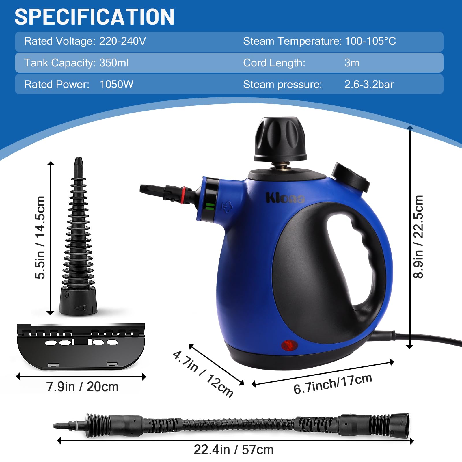 Klona Portable Steam Cleaner, Hand Held steamers for cleaning house, Home Multi Purpose - 10-Piece Accessory Kit for Sofa, Carpets, Upholstery