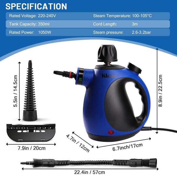 Klona Portable Steam Cleaner, Hand Held steamers for cleaning house, Home Multi Purpose - 10-Piece Accessory Kit for Sofa, Carpets, Upholstery