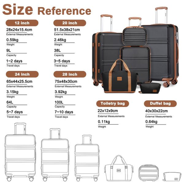 Kono Travel Luggage Sets of 6 Piece Lightweight ABS Hard Shell Trolley Case with TSA Combination Lock 20" 24" 28" Suitcase + 12" Beauty Case + Duffel Bag & Toiletry Bag (Cream White)