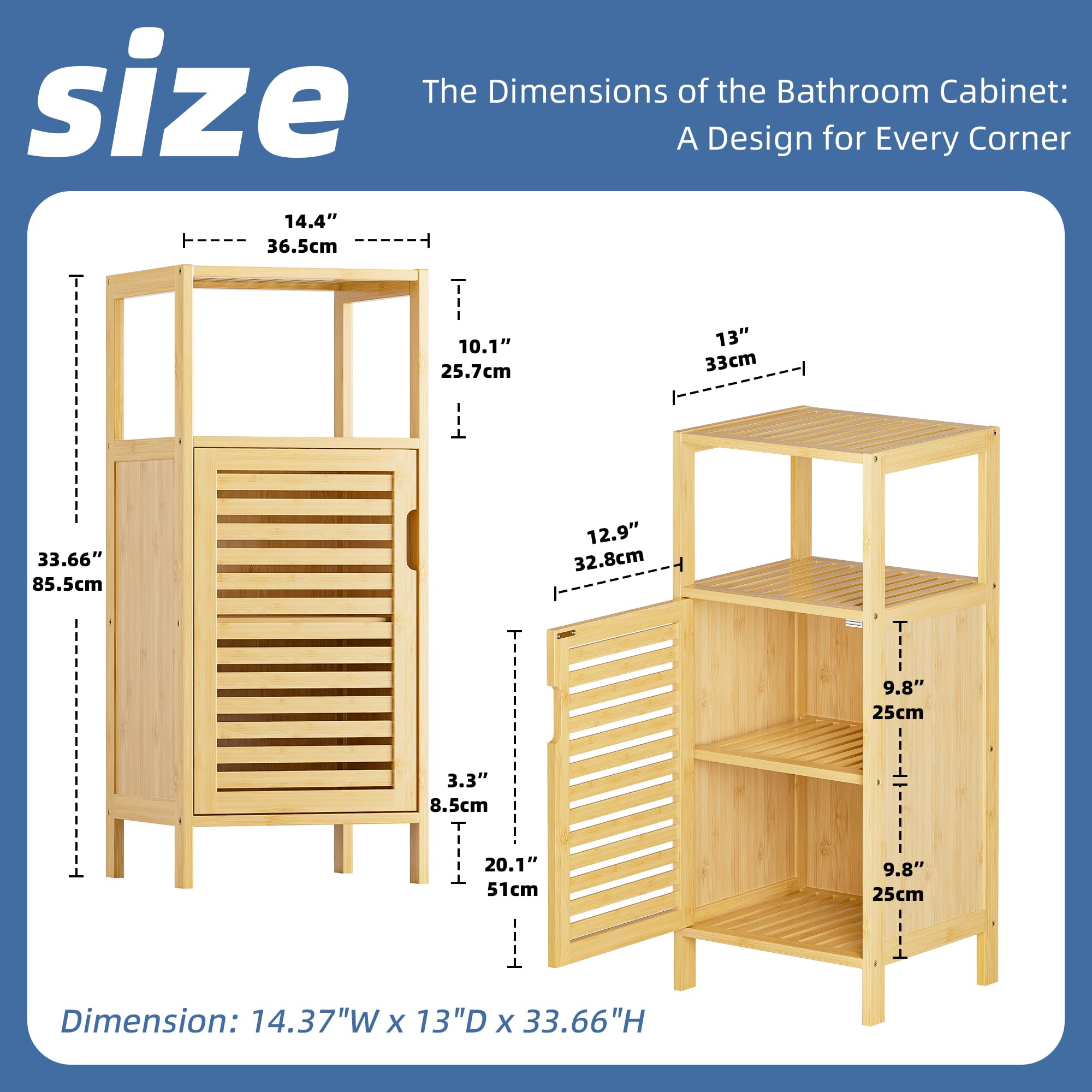 HITNET Bathroom Cabinet Freestanding, Small Bamboo Floor Cabinet, Sofa Side Table Storage Organizer, Space Saving Kitchen Cupboard for Bedroom Living