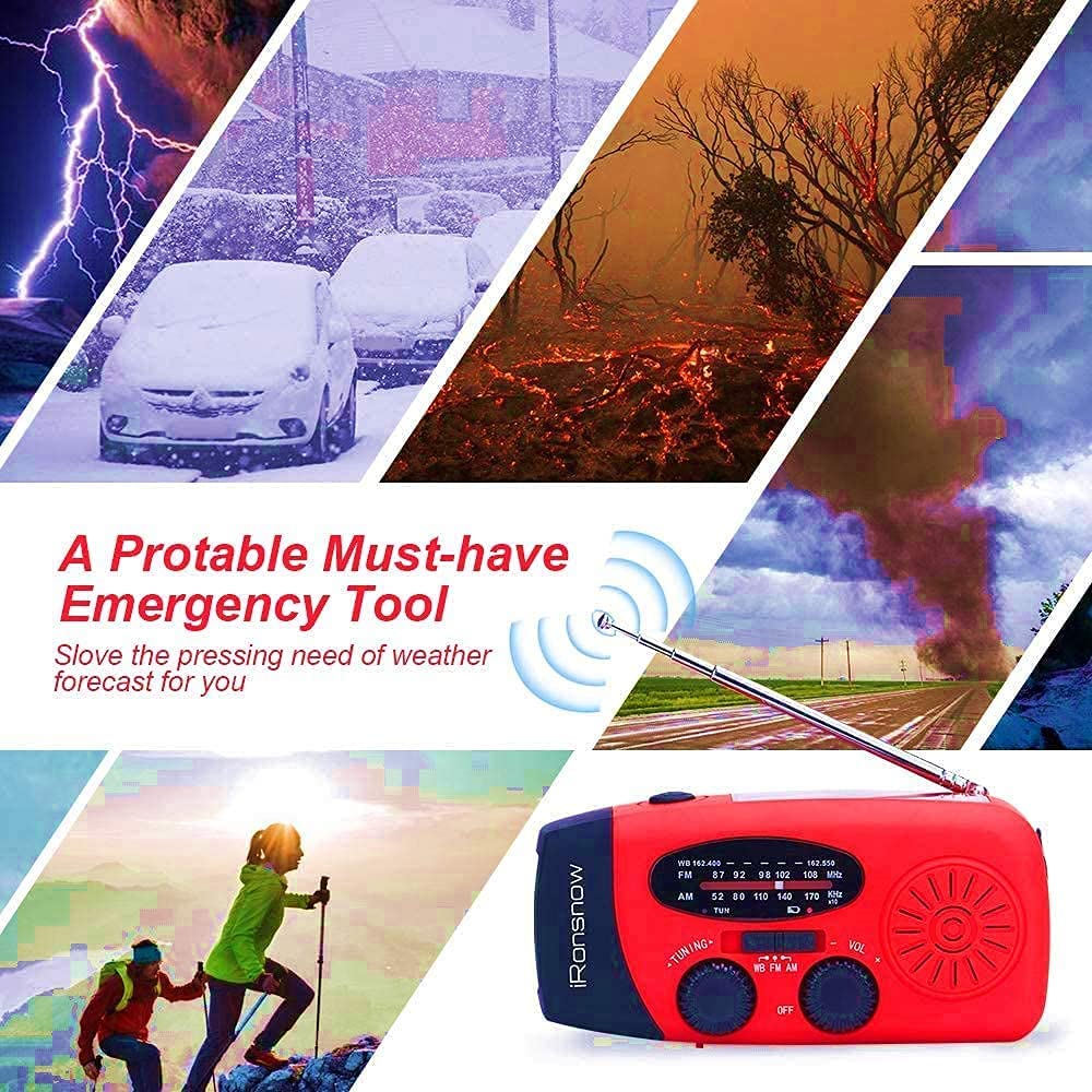 iRonsnow Solar Emergency Hand Crank Weather Radio, Portable Self Powered NOAA AM/FM Radios with SOS Alarm LED Flashlight 2000mAh Smart Phone USB Charger for Camping (Red)