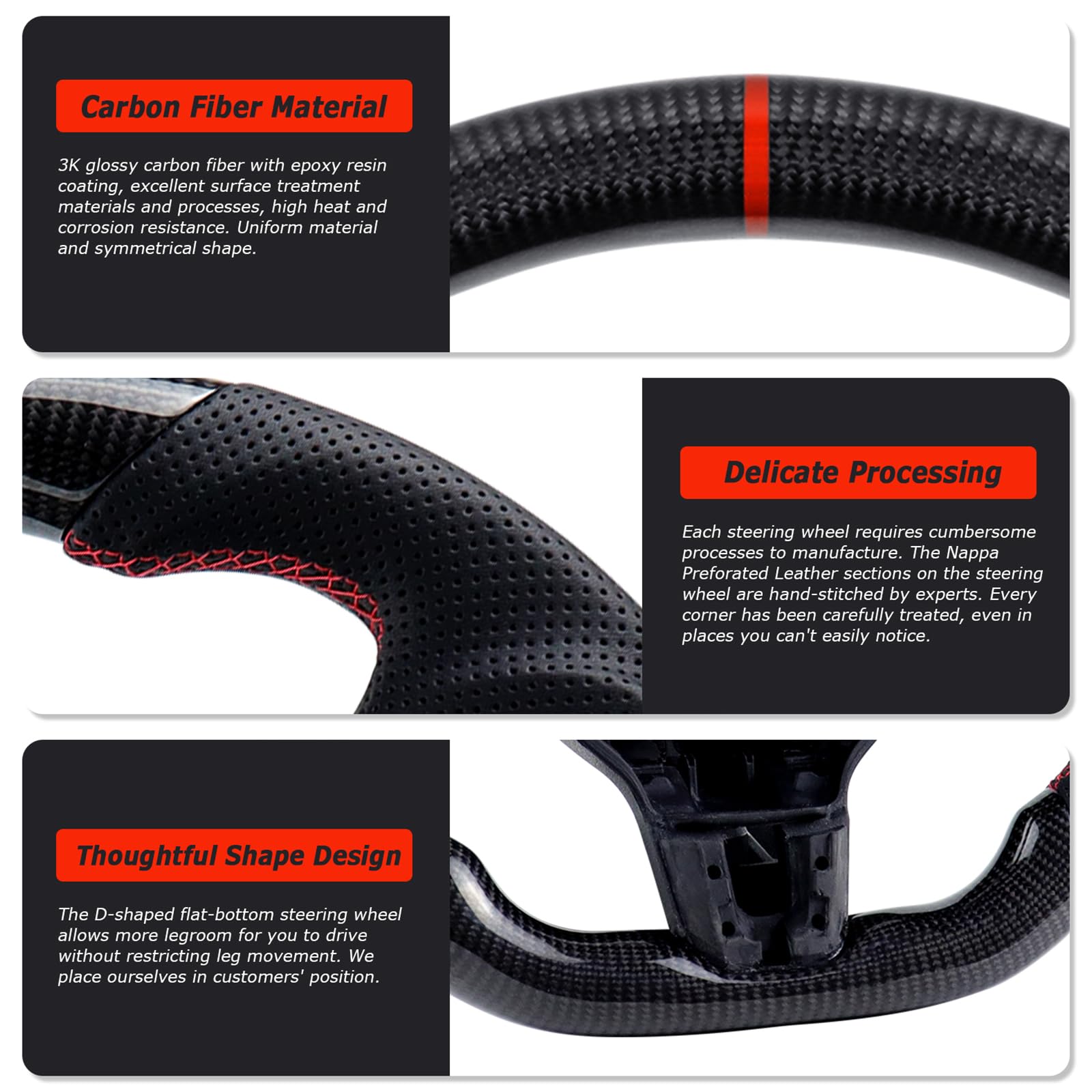 Acclcors Carbon Fiber Steering Wheel, D-Shaped Flat-Bottomed Steering Wheel with Red Stitching, Perforated Leather Grip for VW Volkswagen Golf MK6 2008-2014