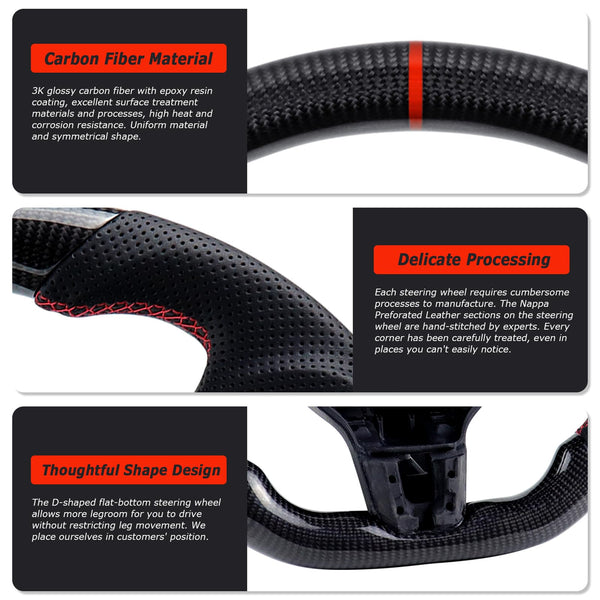 Acclcors Carbon Fiber Steering Wheel, D-Shaped Flat-Bottomed Steering Wheel with Red Stitching, Perforated Leather Grip for VW Volkswagen Golf MK6 2008-2014