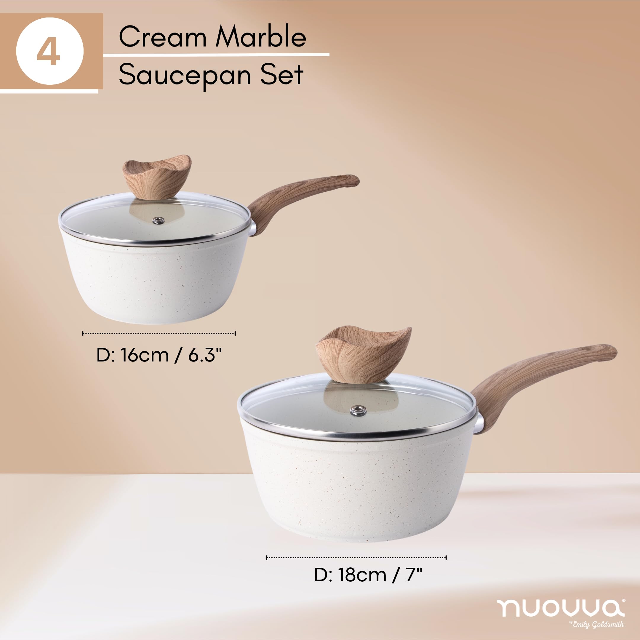 Induction Saucepan Set with Lid  Non Stick Saucepan for Induction  2pcs Cream Granite Sauce Pan  16cm, 18cm Saucepot Set  by Nuovva