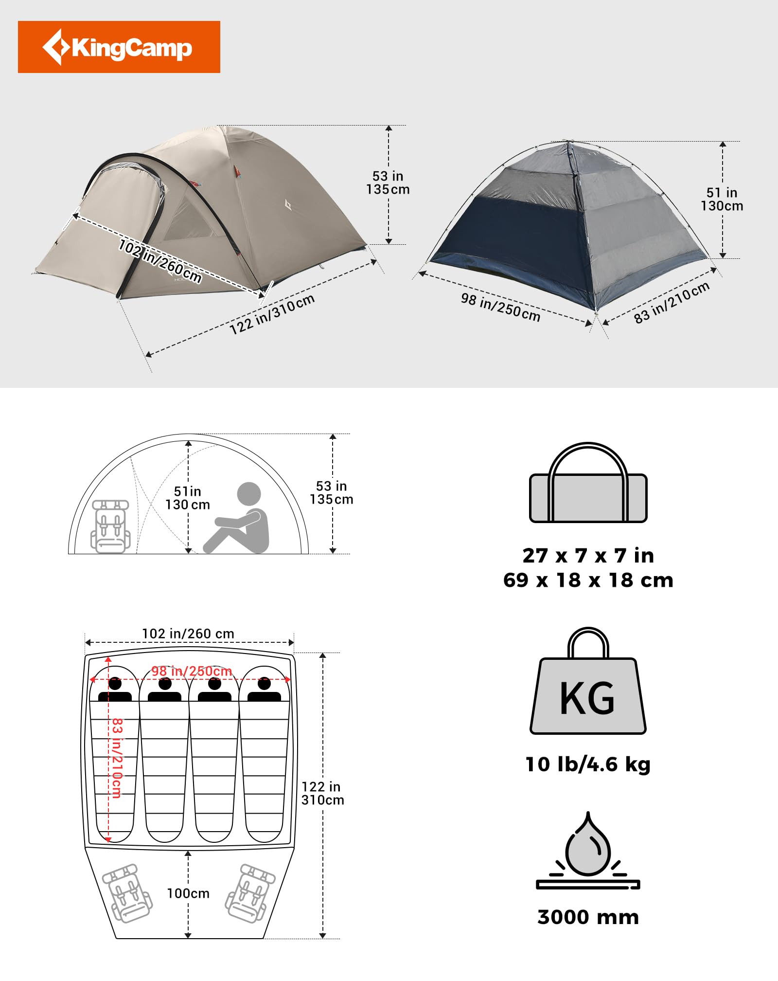 KingCamp Camping Tent for 4 Man, Ultralight Waterproof Dome Tent, Compact and Backpack-Friendly, Ideal Tent for Camping, Trekking and Outdoors