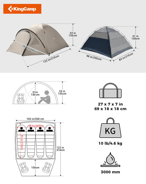 KingCamp Camping Tent for 4 Man, Ultralight Waterproof Dome Tent, Compact and Backpack-Friendly, Ideal Tent for Camping, Trekking and Outdoors
